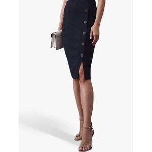 Reiss Hatty Black Button Front Midi Pencil Skirt Stretch Knit Size M